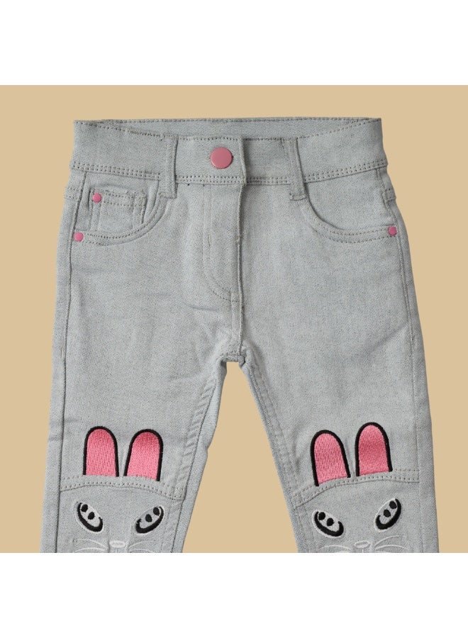 MARWAN Girls Cotton Stretch Long Pants with Embroidered Bunny Design & Adjustable Waist - Image 3